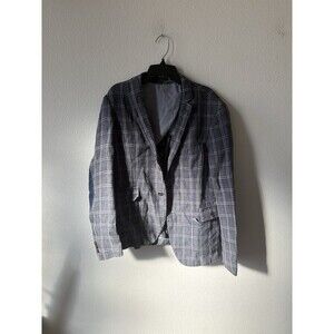 Frank & Oak Men’s Linen Gray Plaid Blazer Laurier Fit Elbow Patches Size